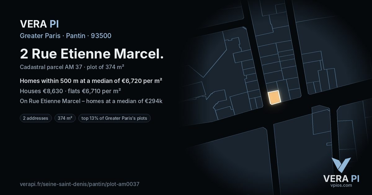 2 Rue Etienne Marcel, Pantin at night – the plot lit, the parcels around coloured by the prices near them