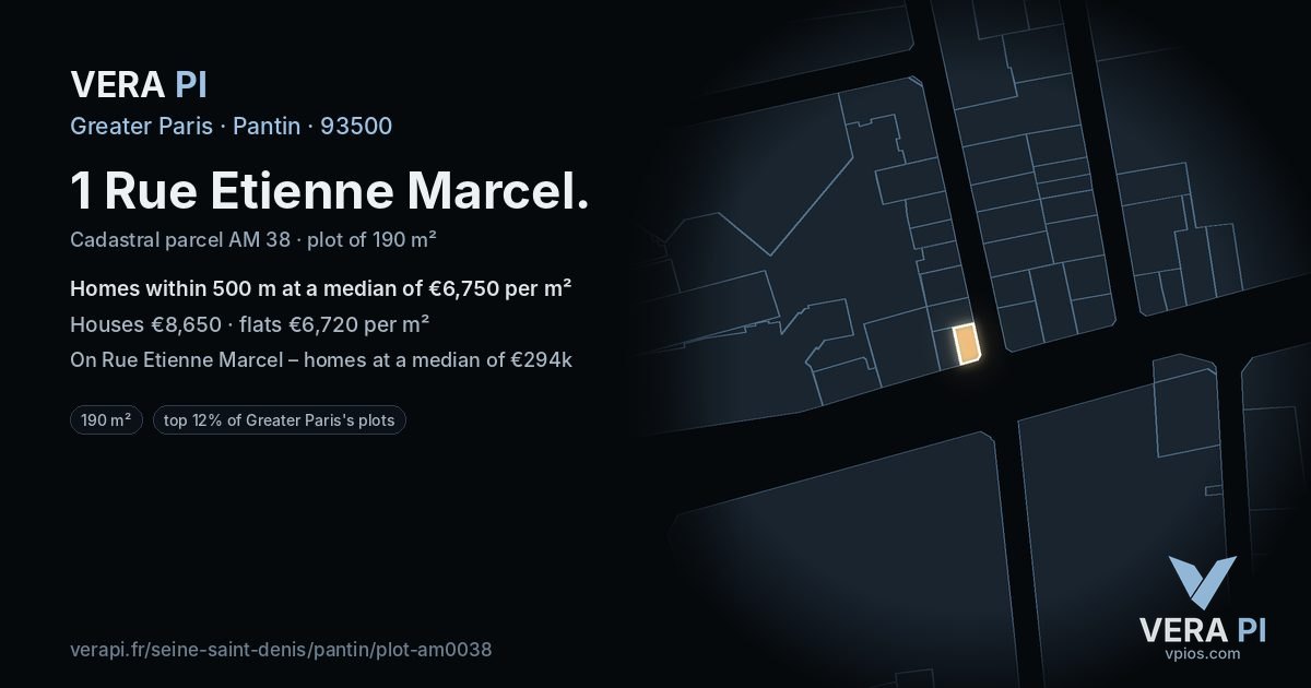 1 Rue Etienne Marcel, Pantin at night – the plot lit, the parcels around coloured by the prices near them