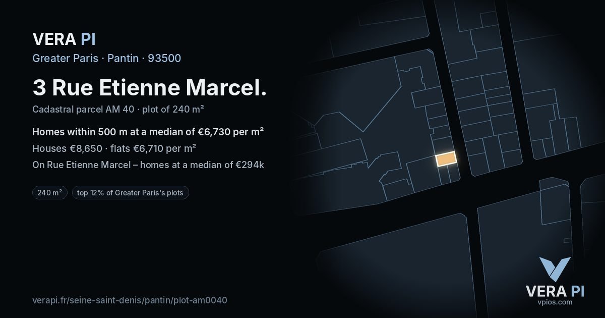 3 Rue Etienne Marcel, Pantin at night – the plot lit, the parcels around coloured by the prices near them