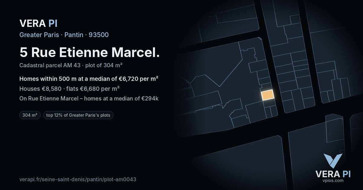 5 Rue Etienne Marcel, Pantin at night – the plot lit, the parcels around coloured by the prices near them