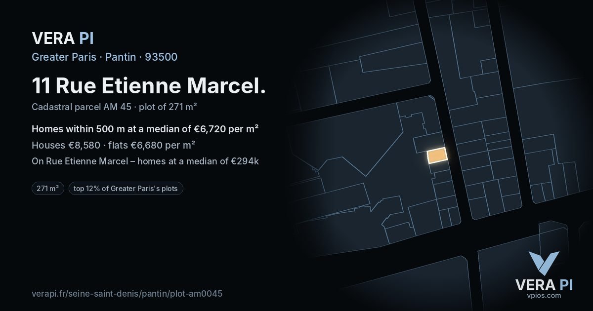 11 Rue Etienne Marcel, Pantin at night – the plot lit, the parcels around coloured by the prices near them