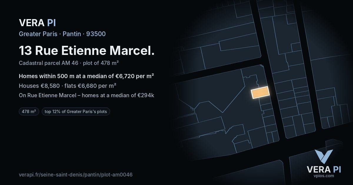 13 Rue Etienne Marcel, Pantin at night – the plot lit, the parcels around coloured by the prices near them