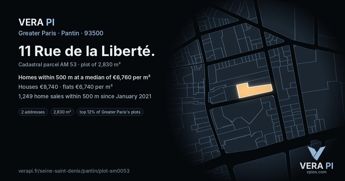 11 Rue de la Liberté, Pantin at night – the plot lit, the parcels around coloured by the prices near them