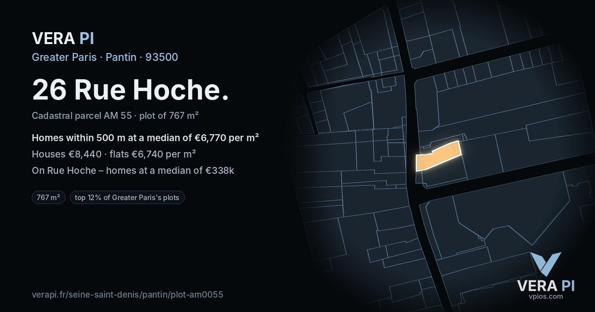 26 Rue Hoche, Pantin at night – the plot lit, the parcels around coloured by the prices near them