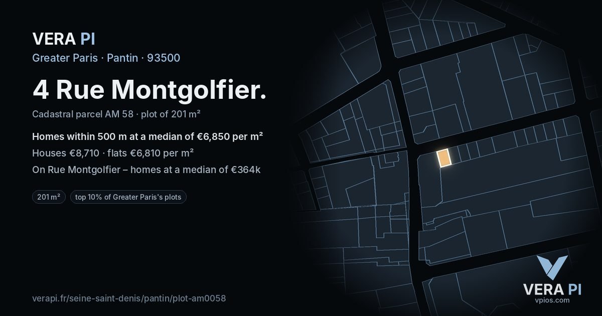 4 Rue Montgolfier, Pantin at night – the plot lit, the parcels around coloured by the prices near them