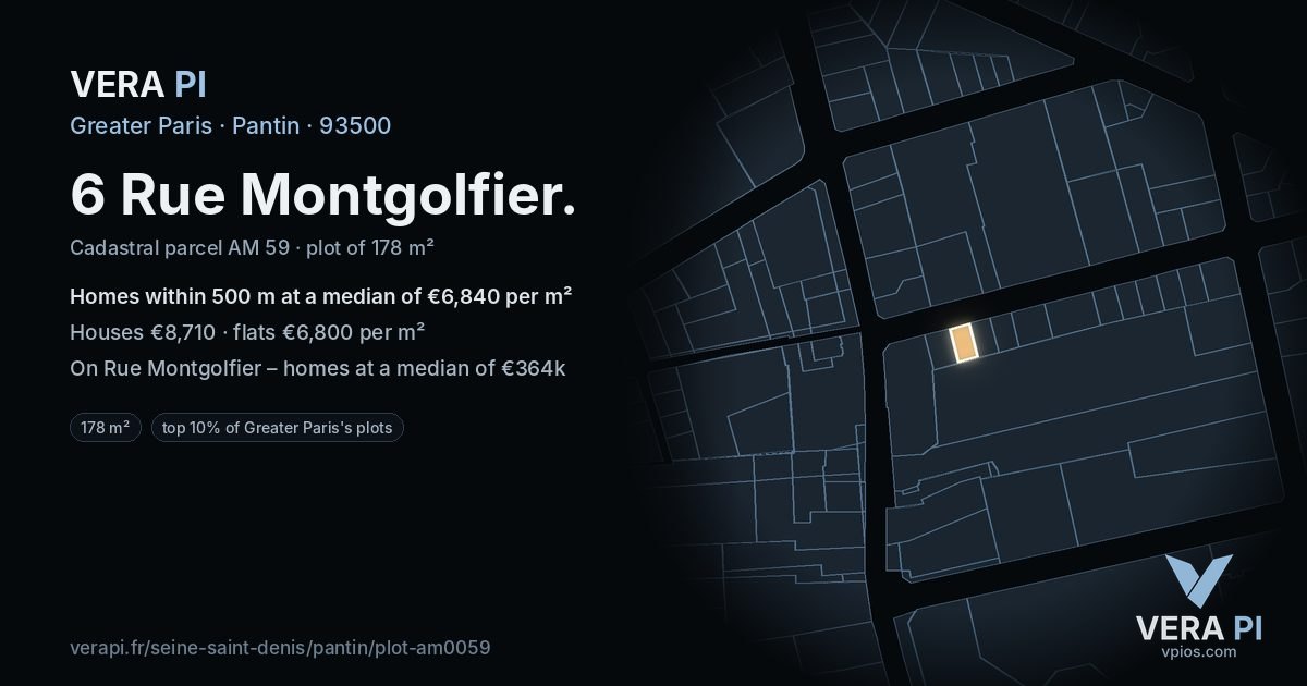 6 Rue Montgolfier, Pantin at night – the plot lit, the parcels around coloured by the prices near them