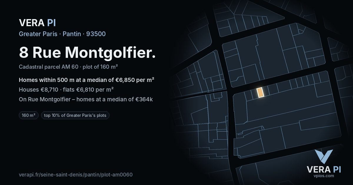 8 Rue Montgolfier, Pantin at night – the plot lit, the parcels around coloured by the prices near them