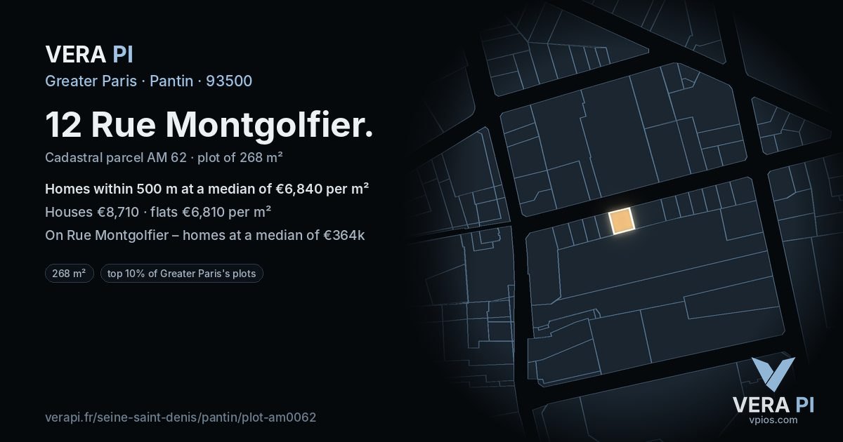 12 Rue Montgolfier, Pantin at night – the plot lit, the parcels around coloured by the prices near them