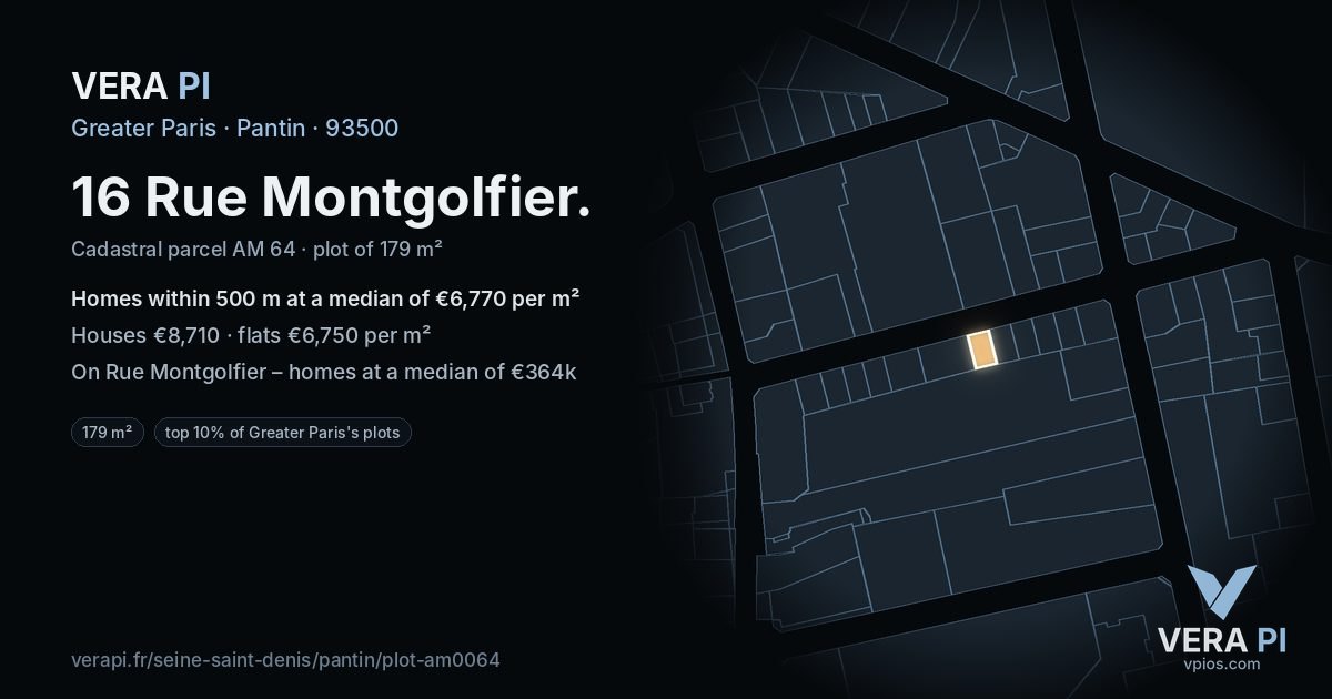 16 Rue Montgolfier, Pantin at night – the plot lit, the parcels around coloured by the prices near them