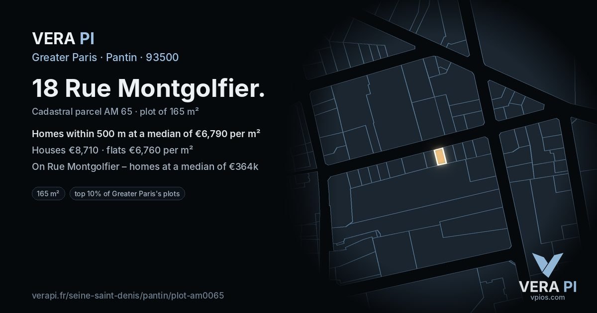 18 Rue Montgolfier, Pantin at night – the plot lit, the parcels around coloured by the prices near them