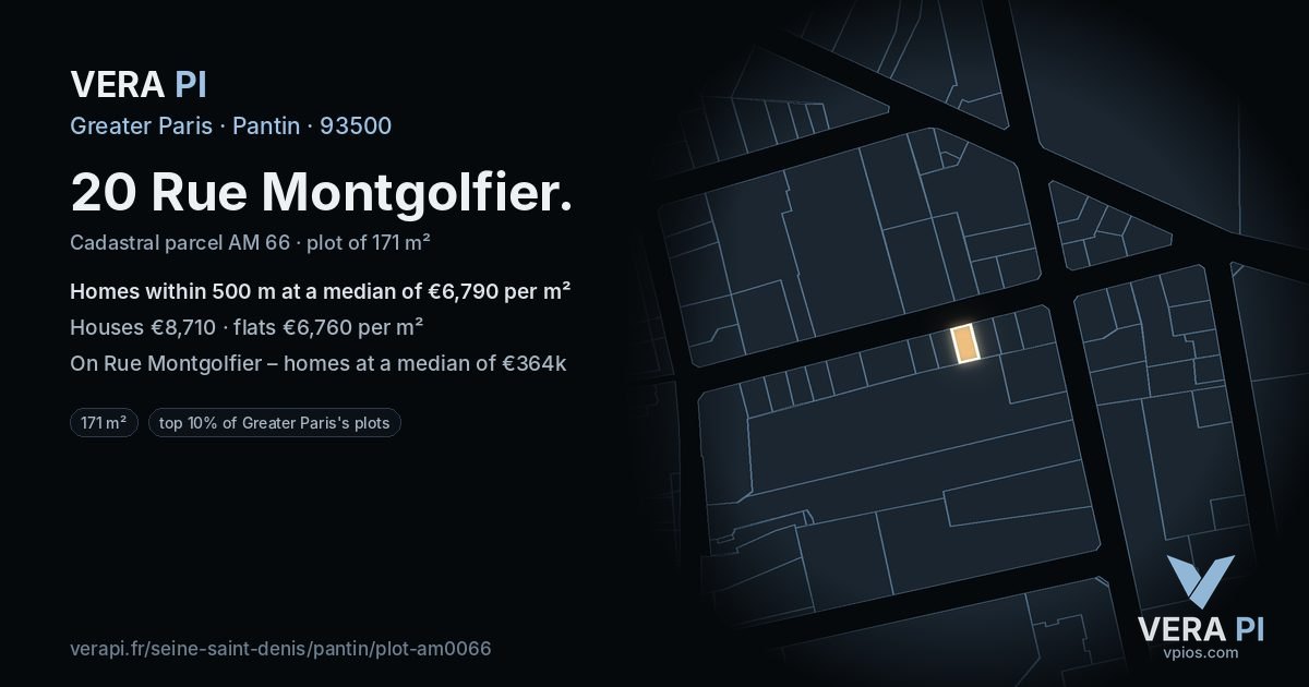 20 Rue Montgolfier, Pantin at night – the plot lit, the parcels around coloured by the prices near them