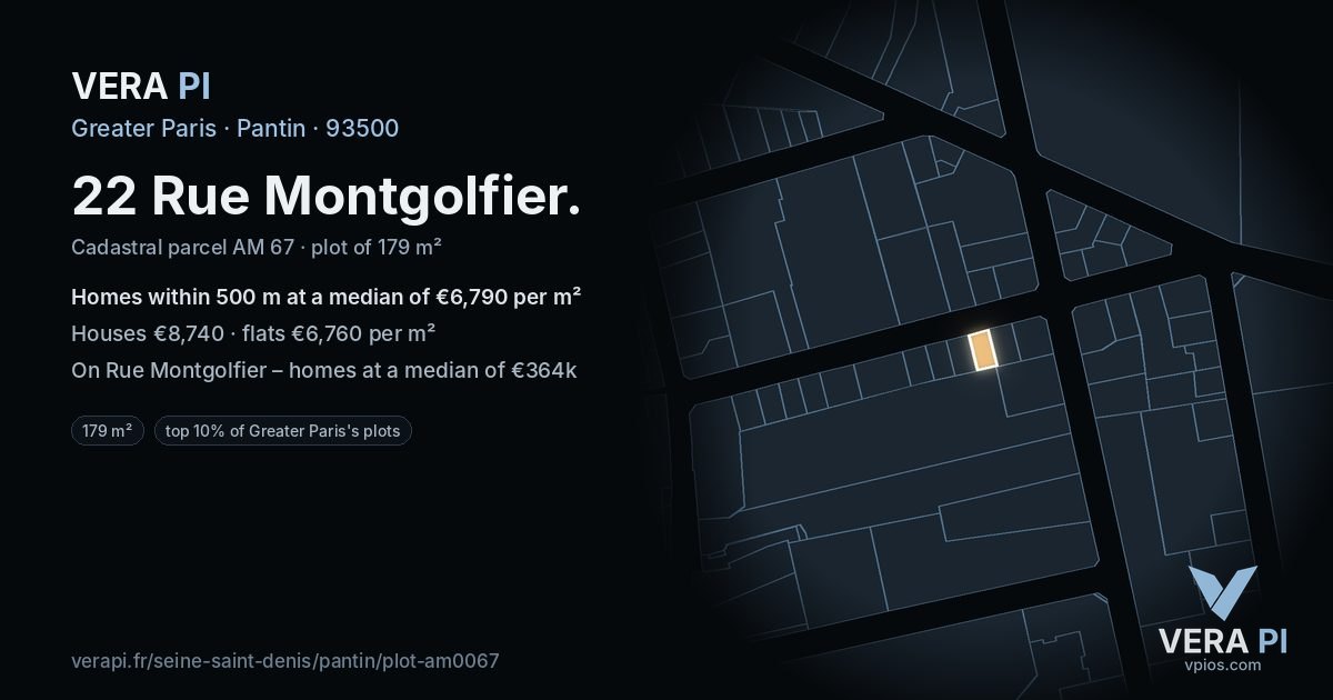 22 Rue Montgolfier, Pantin at night – the plot lit, the parcels around coloured by the prices near them