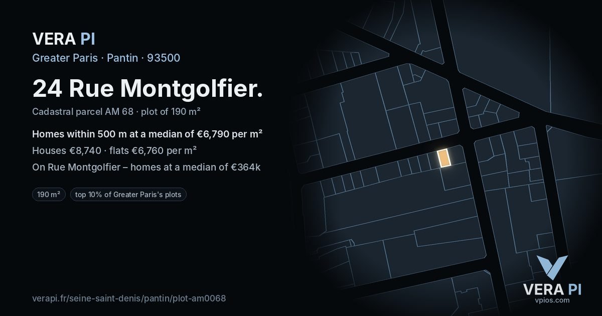 24 Rue Montgolfier, Pantin at night – the plot lit, the parcels around coloured by the prices near them