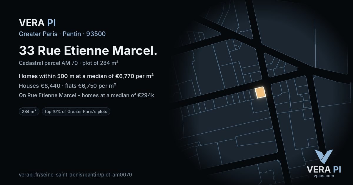 33 Rue Etienne Marcel, Pantin at night – the plot lit, the parcels around coloured by the prices near them