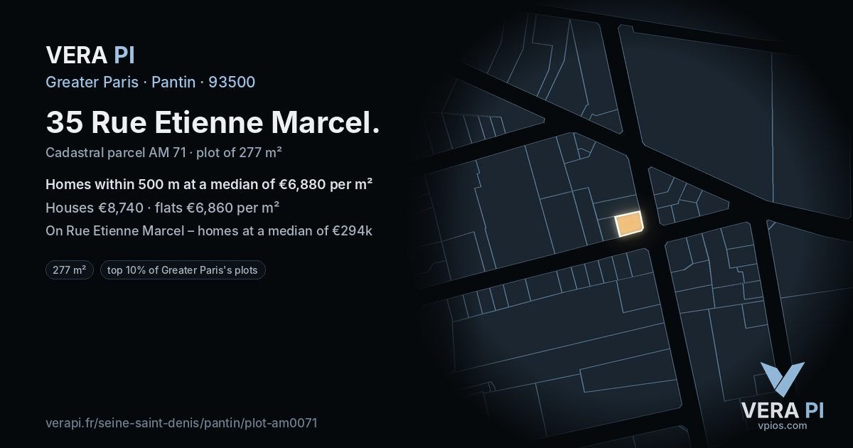 35 Rue Etienne Marcel, Pantin at night – the plot lit, the parcels around coloured by the prices near them