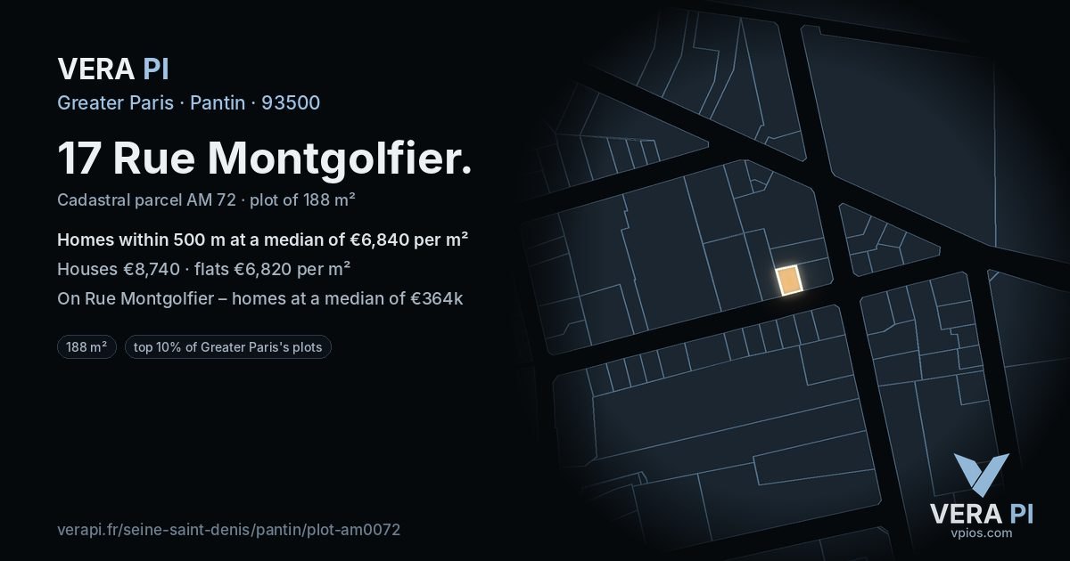 17 Rue Montgolfier, Pantin at night – the plot lit, the parcels around coloured by the prices near them