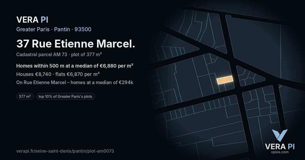 37 Rue Etienne Marcel, Pantin at night – the plot lit, the parcels around coloured by the prices near them