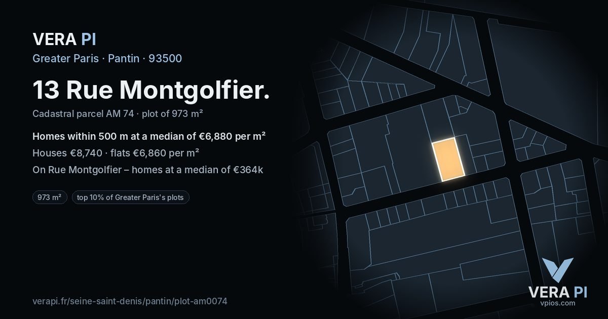 13 Rue Montgolfier, Pantin at night – the plot lit, the parcels around coloured by the prices near them