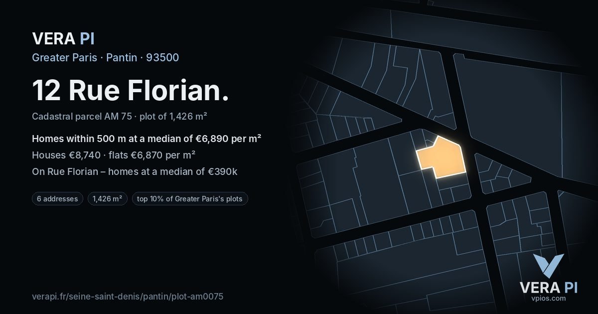 12 Rue Florian, Pantin at night – the plot lit, the parcels around coloured by the prices near them