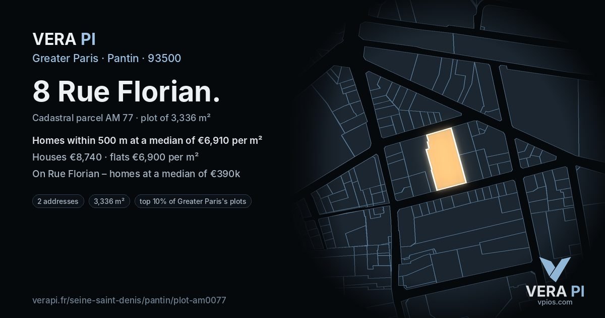 8 Rue Florian, Pantin at night – the plot lit, the parcels around coloured by the prices near them