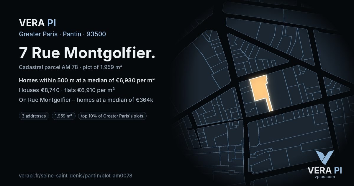 7 Rue Montgolfier, Pantin at night – the plot lit, the parcels around coloured by the prices near them