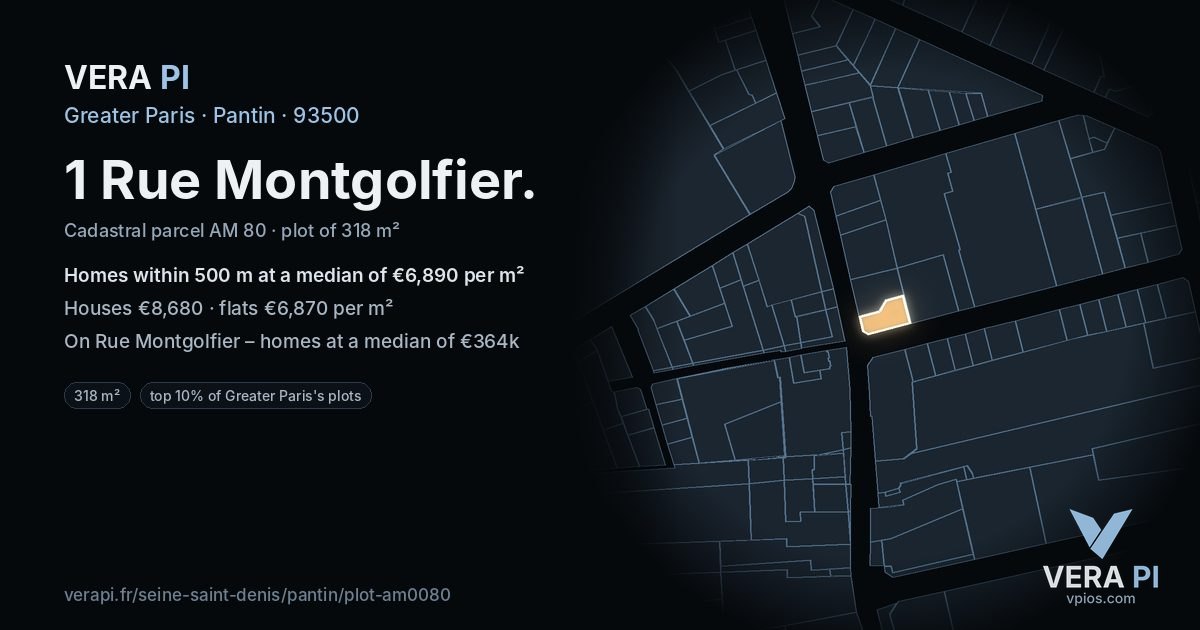 1 Rue Montgolfier, Pantin at night – the plot lit, the parcels around coloured by the prices near them