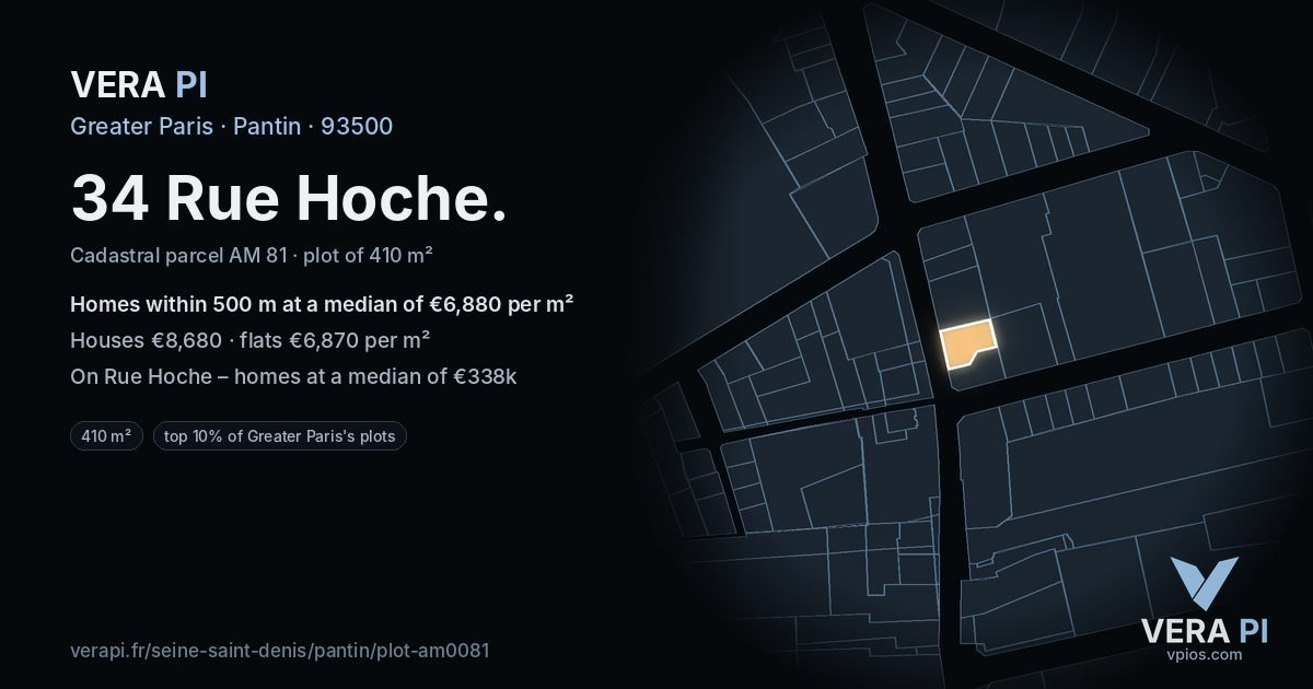 34 Rue Hoche, Pantin at night – the plot lit, the parcels around coloured by the prices near them