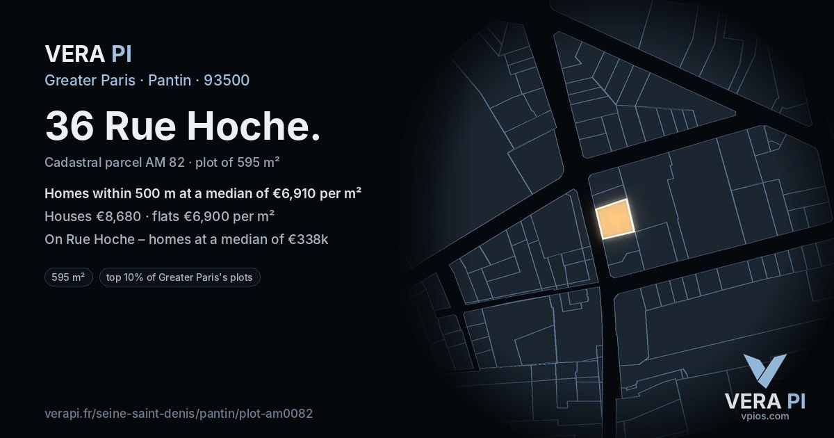 36 Rue Hoche, Pantin at night – the plot lit, the parcels around coloured by the prices near them