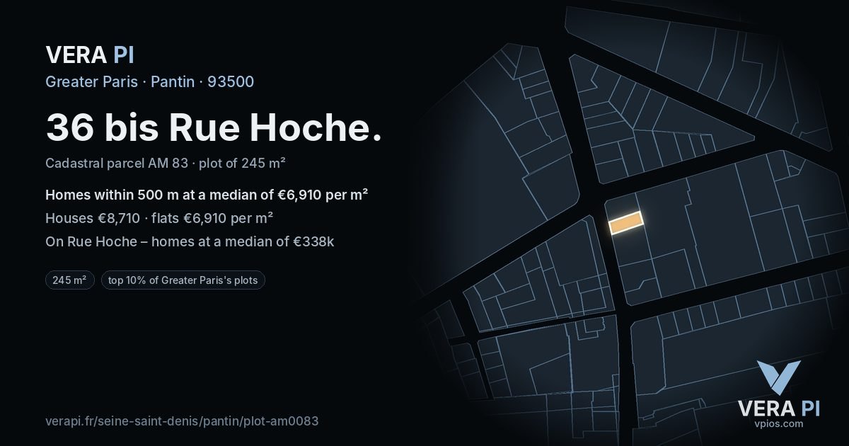 36 bis Rue Hoche, Pantin at night – the plot lit, the parcels around coloured by the prices near them