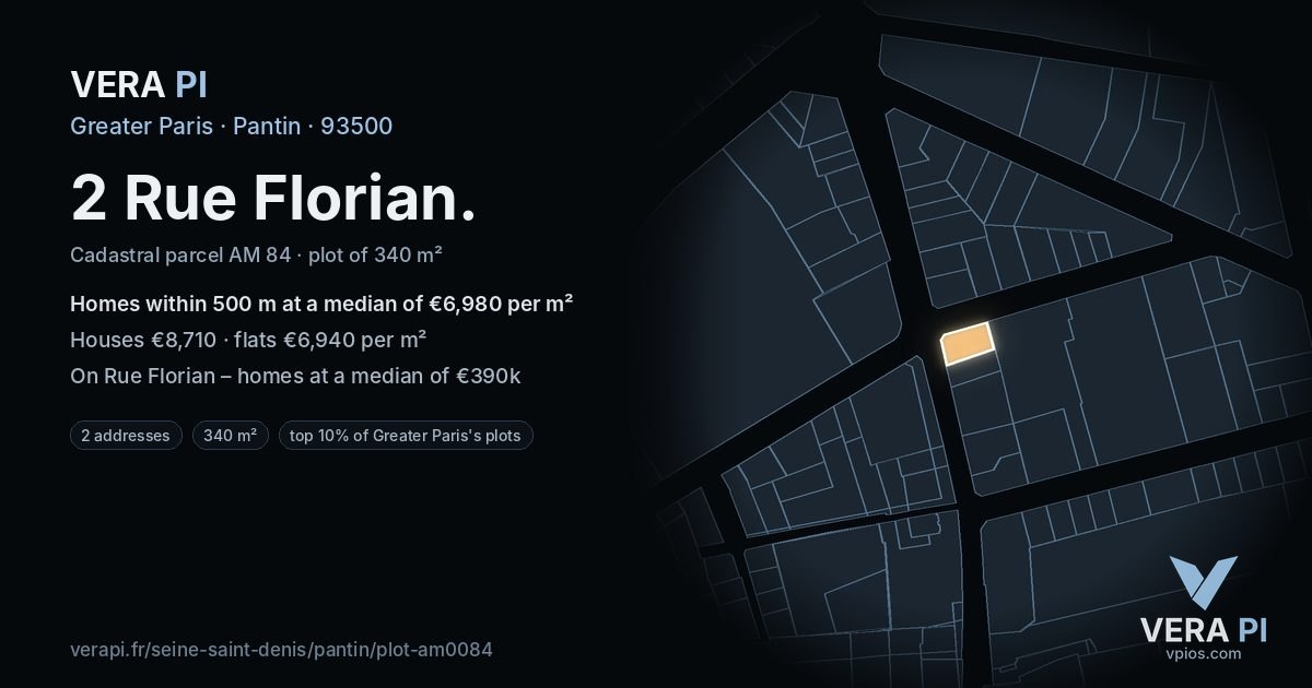 2 Rue Florian, Pantin at night – the plot lit, the parcels around coloured by the prices near them
