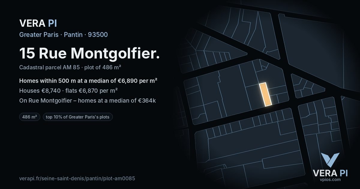 15 Rue Montgolfier, Pantin at night – the plot lit, the parcels around coloured by the prices near them
