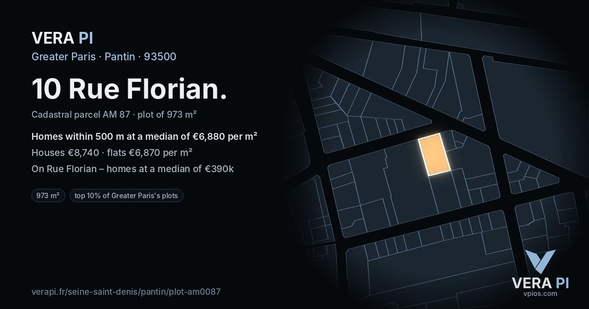 10 Rue Florian, Pantin at night – the plot lit, the parcels around coloured by the prices near them