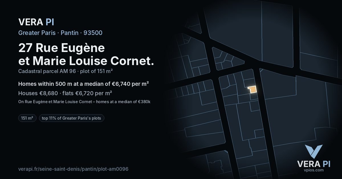 27 Rue Eugène et Marie Louise Cornet, Pantin at night – the plot lit, the parcels around coloured by the prices near them