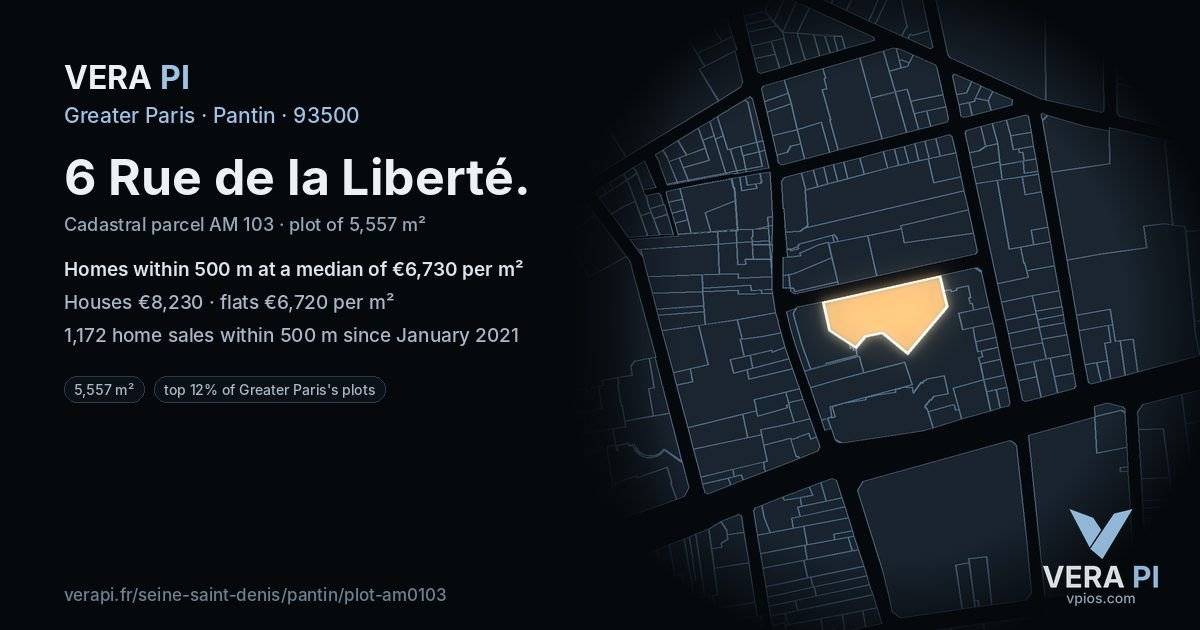 6 Rue de la Liberté, Pantin at night – the plot lit, the parcels around coloured by the prices near them