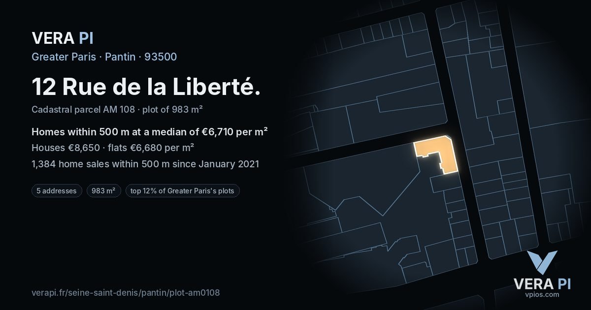 12 Rue de la Liberté, Pantin at night – the plot lit, the parcels around coloured by the prices near them