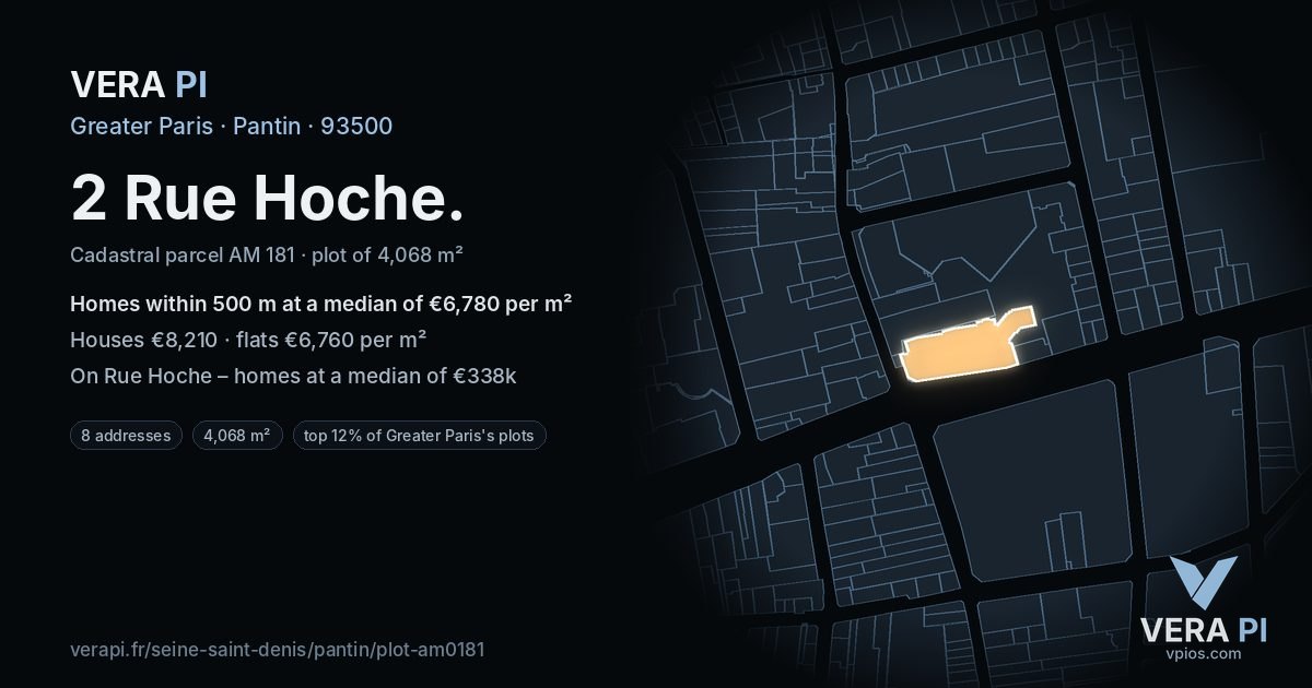 2 Rue Hoche, Pantin at night – the plot lit, the parcels around coloured by the prices near them