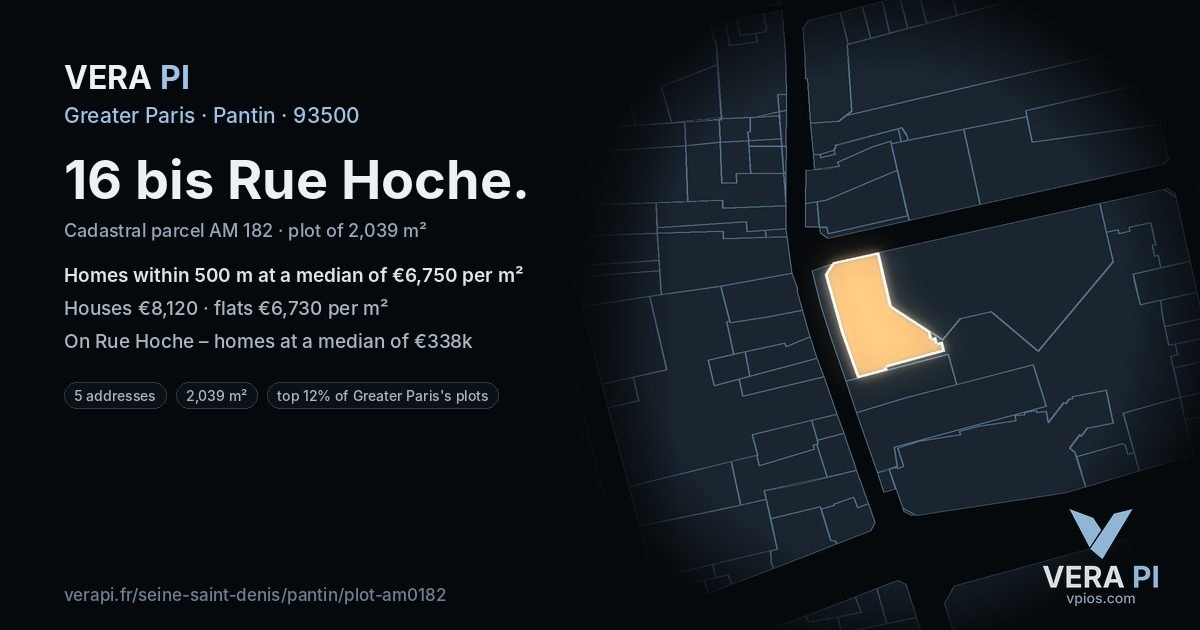 16 bis Rue Hoche, Pantin at night – the plot lit, the parcels around coloured by the prices near them