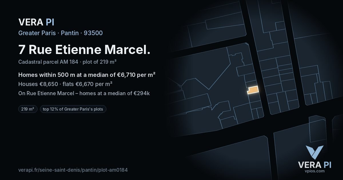 7 Rue Etienne Marcel, Pantin at night – the plot lit, the parcels around coloured by the prices near them