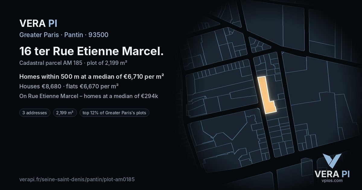 16 ter Rue Etienne Marcel, Pantin at night – the plot lit, the parcels around coloured by the prices near them