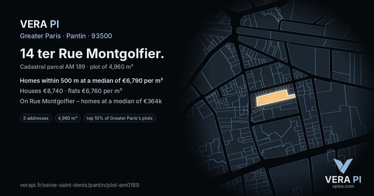 14 ter Rue Montgolfier, Pantin at night – the plot lit, the parcels around coloured by the prices near them