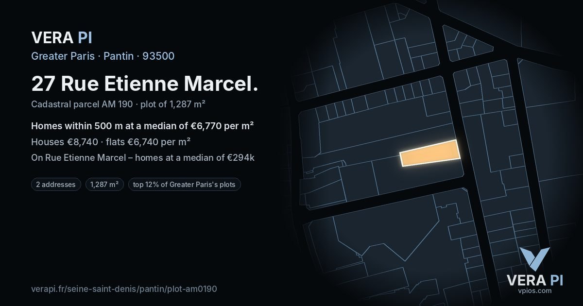 27 Rue Etienne Marcel, Pantin at night – the plot lit, the parcels around coloured by the prices near them