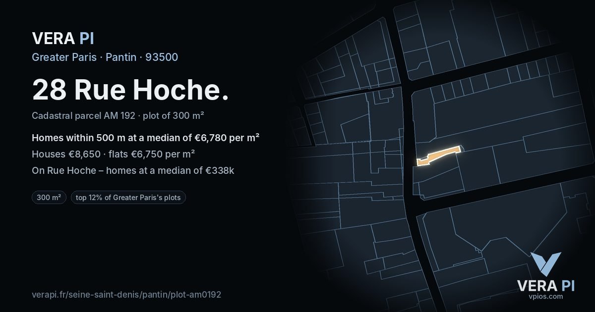 28 Rue Hoche, Pantin at night – the plot lit, the parcels around coloured by the prices near them