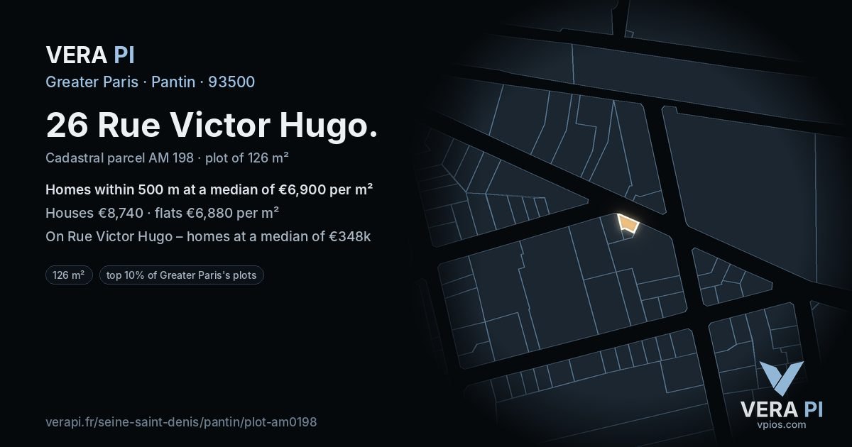 26 Rue Victor Hugo, Pantin at night – the plot lit, the parcels around coloured by the prices near them