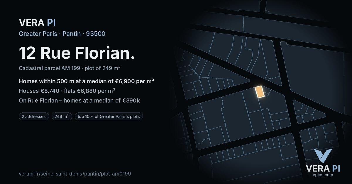 12 Rue Florian, Pantin at night – the plot lit, the parcels around coloured by the prices near them
