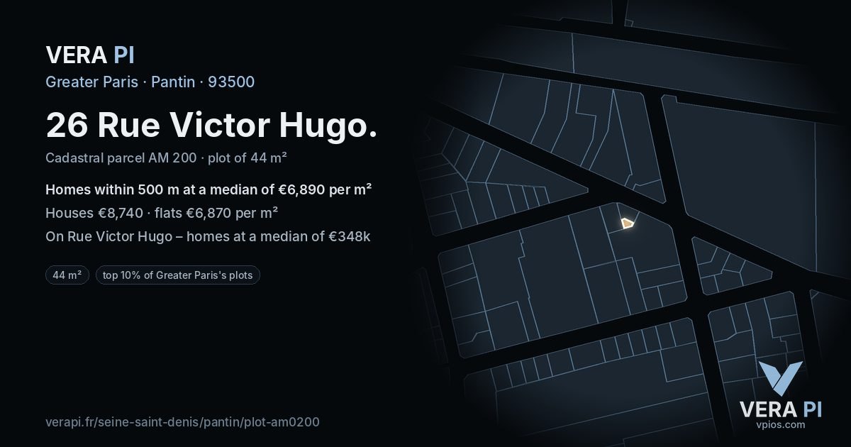 26 Rue Victor Hugo, Pantin at night – the plot lit, the parcels around coloured by the prices near them