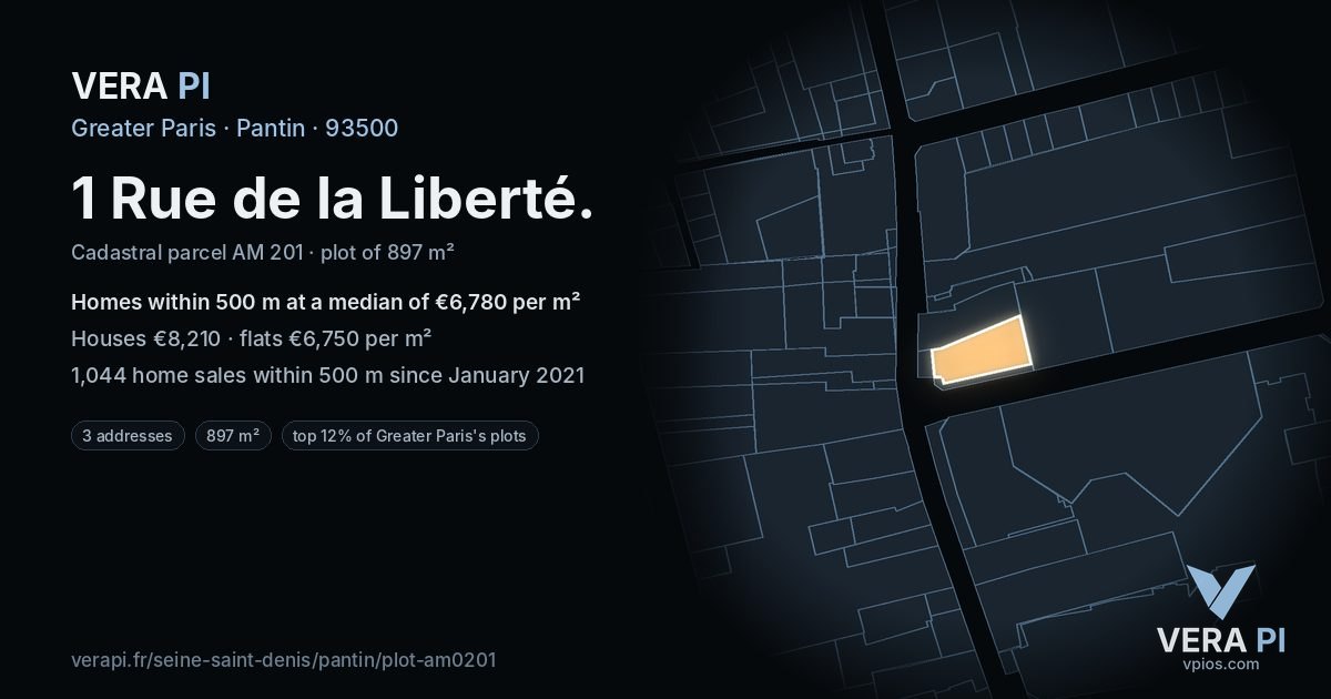 1 Rue de la Liberté, Pantin at night – the plot lit, the parcels around coloured by the prices near them