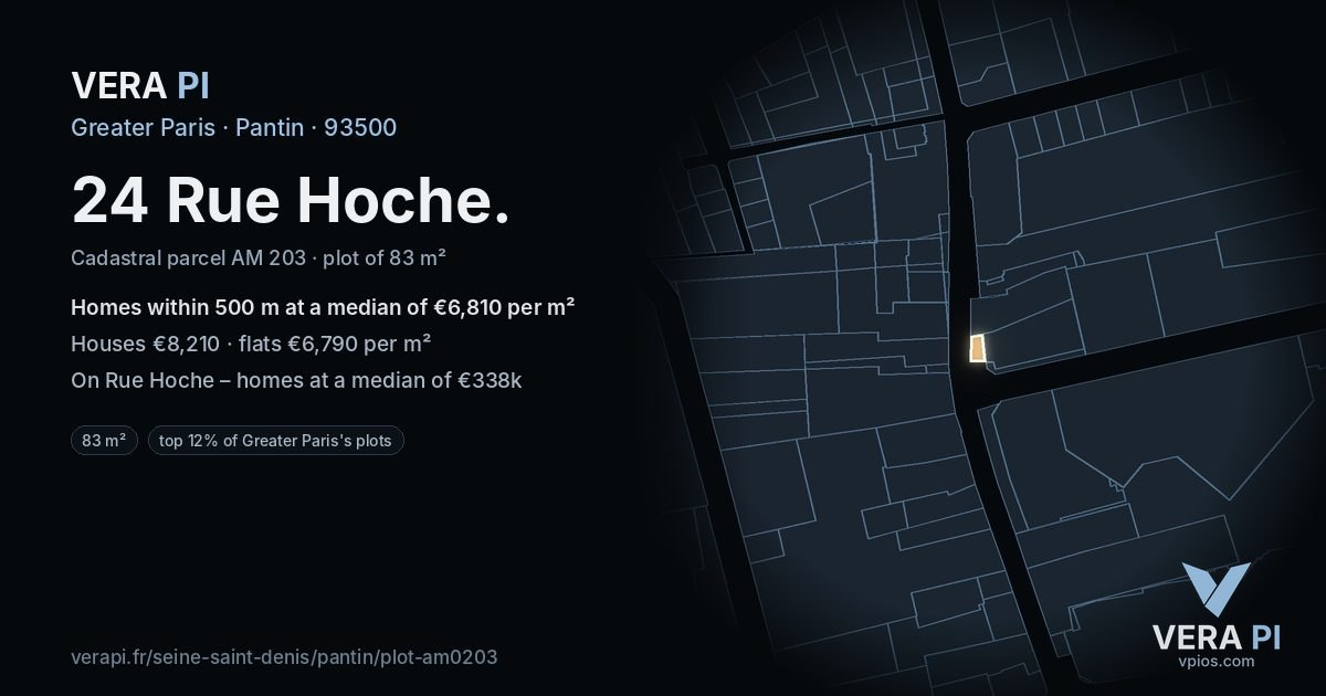 24 Rue Hoche, Pantin at night – the plot lit, the parcels around coloured by the prices near them
