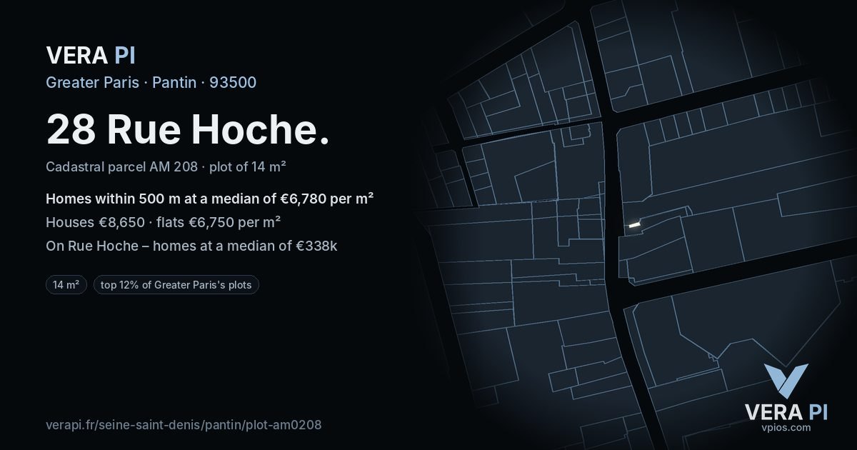 28 Rue Hoche, Pantin at night – the plot lit, the parcels around coloured by the prices near them