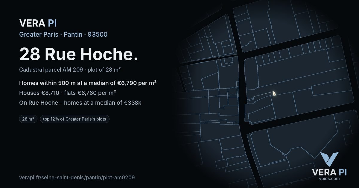 28 Rue Hoche, Pantin at night – the plot lit, the parcels around coloured by the prices near them