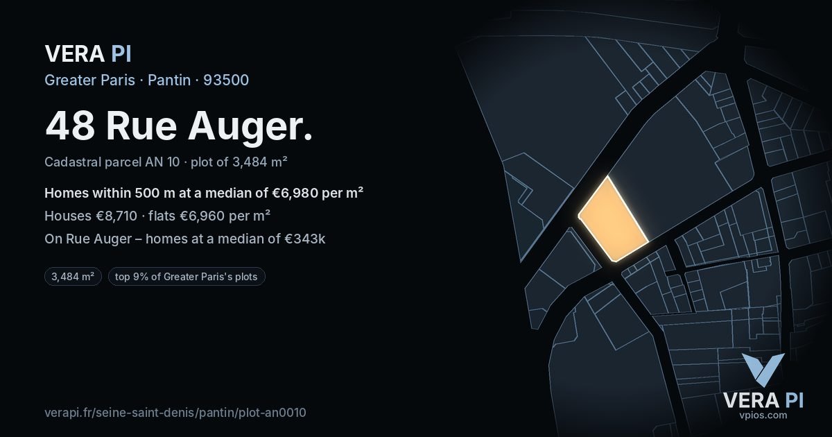 48 Rue Auger, Pantin at night – the plot lit, the parcels around coloured by the prices near them